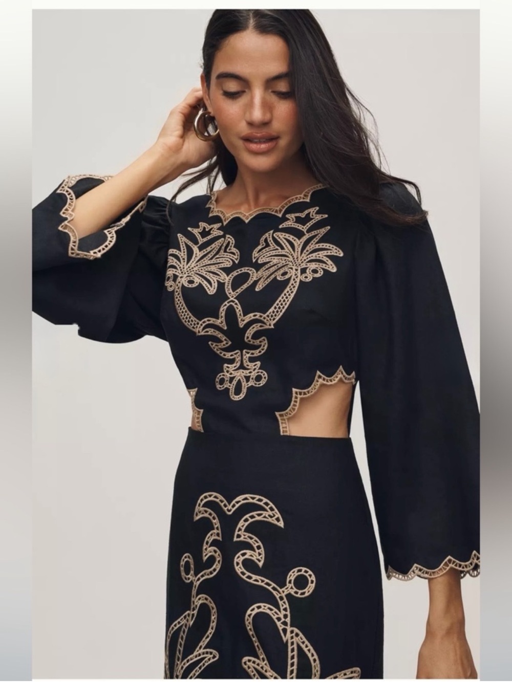 NWT FARM Rio x Anthropologie Black Midi Dress with Cream Embroidery and Cutouts - Picture 1 of 8